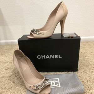 Chanel quilted open toe sandal with chain detail